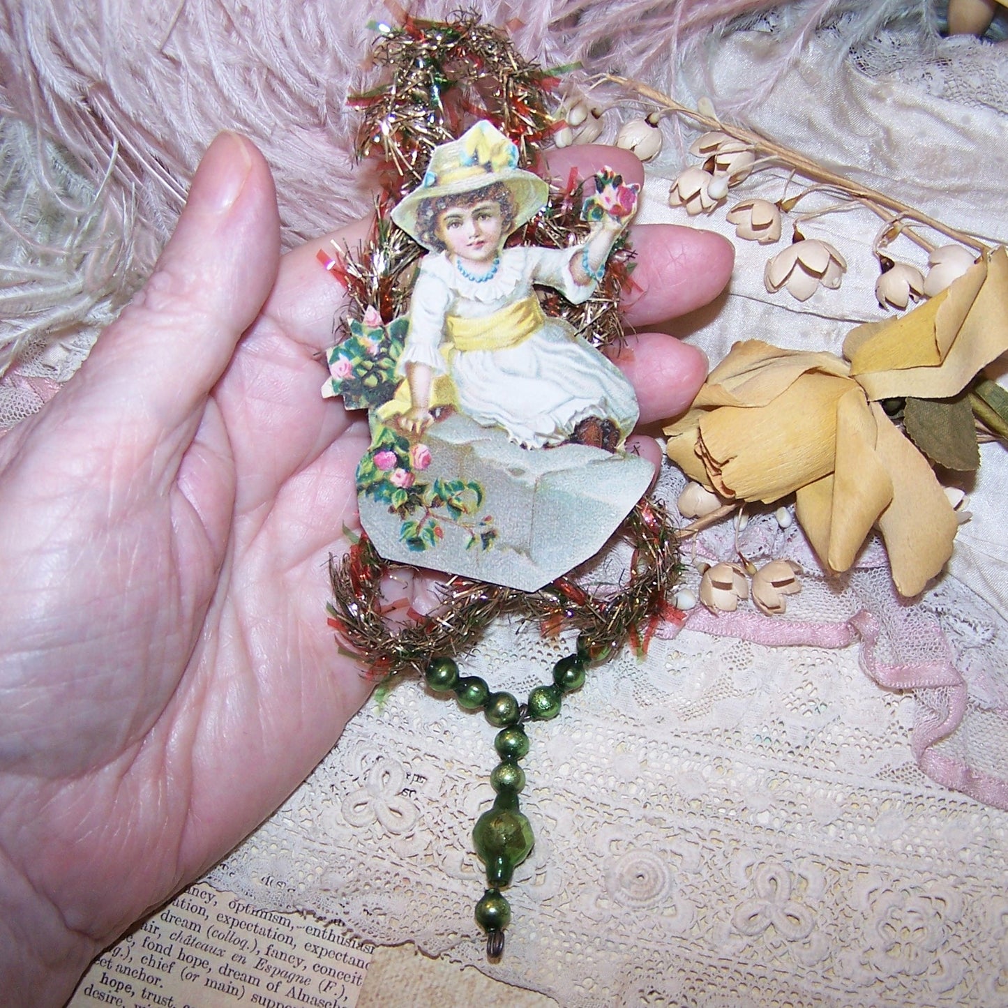 Vintage Mercury Glass Tinsel Christmas Ornament - Young Lady with Flowers