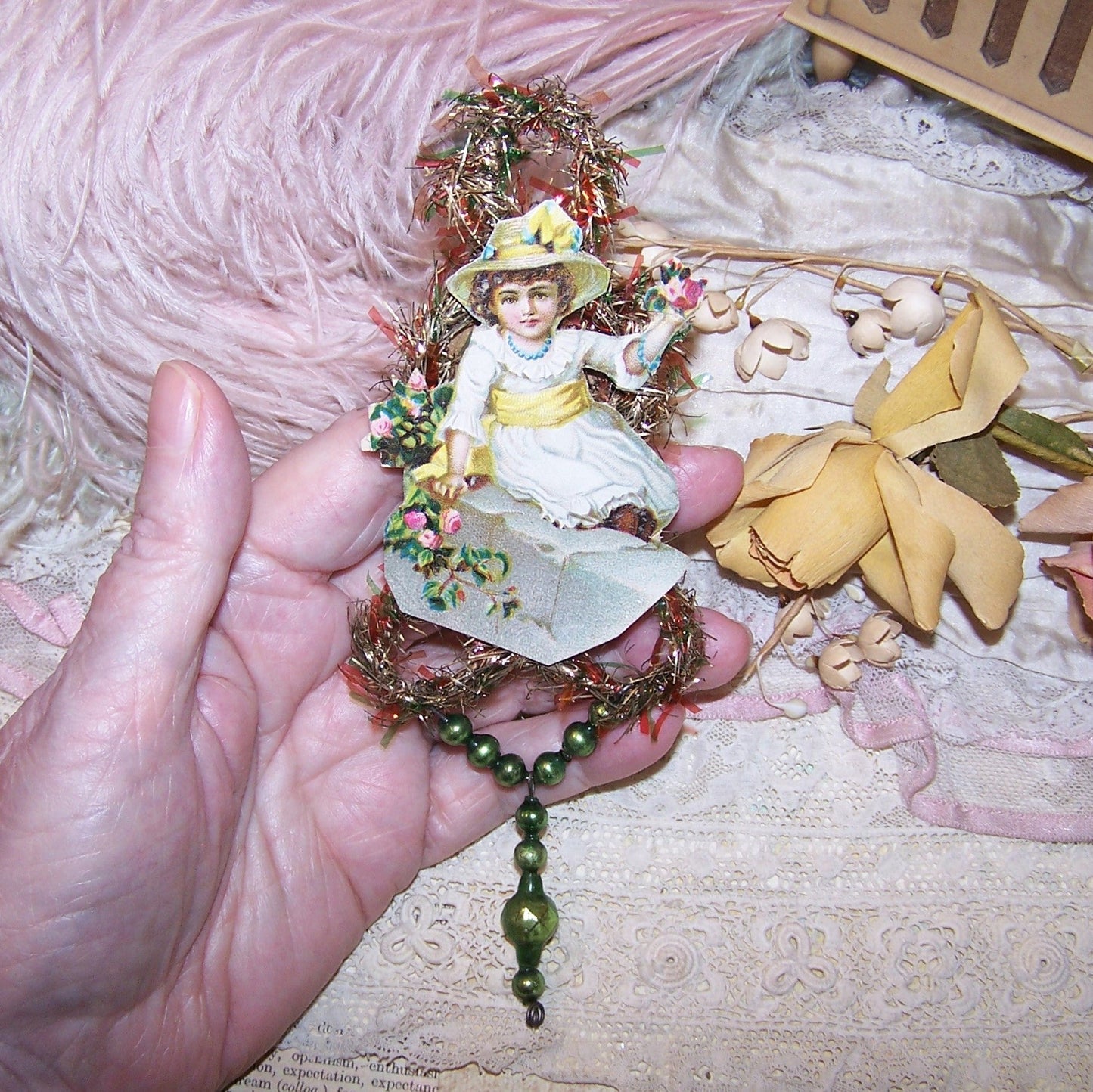 Vintage Mercury Glass Tinsel Christmas Ornament - Young Lady with Flowers