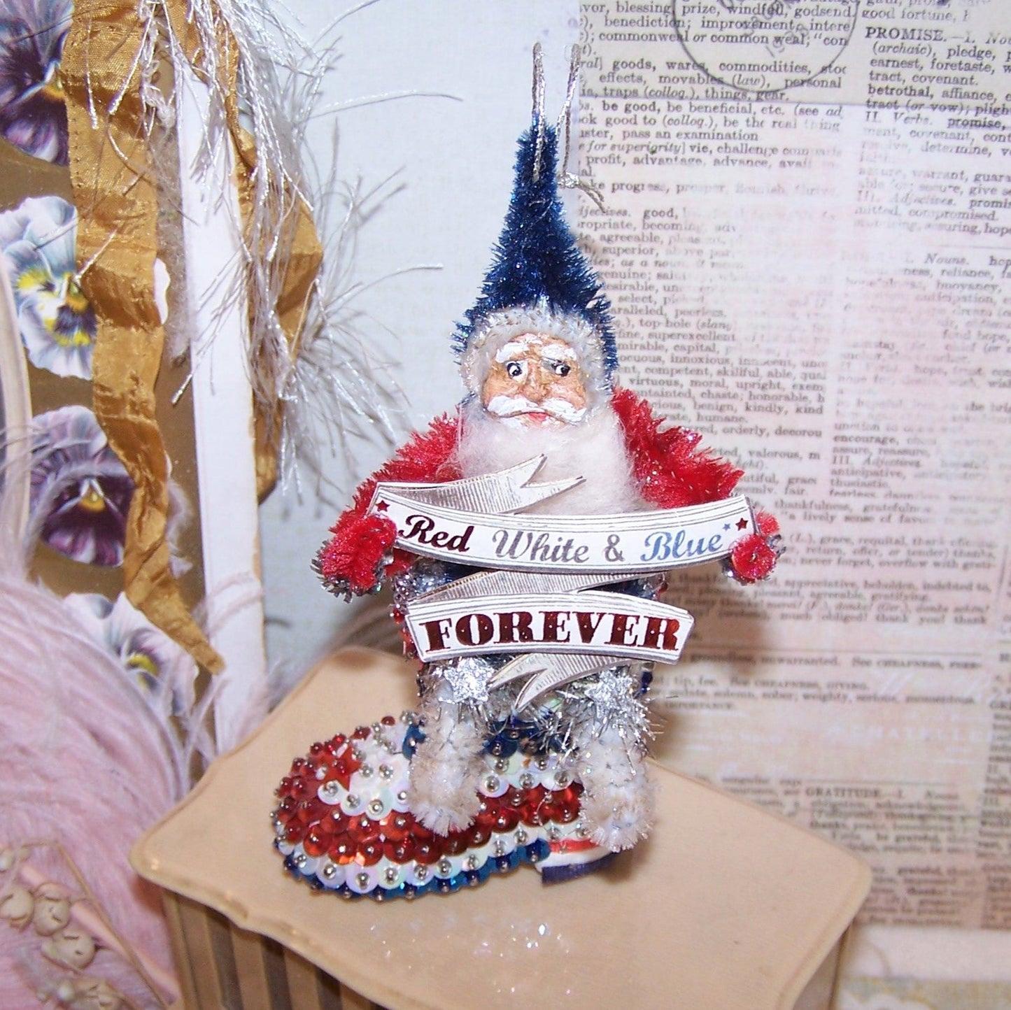 OOAK Chenille Christmas Ornament | Red White Blue Forever Santa Claus