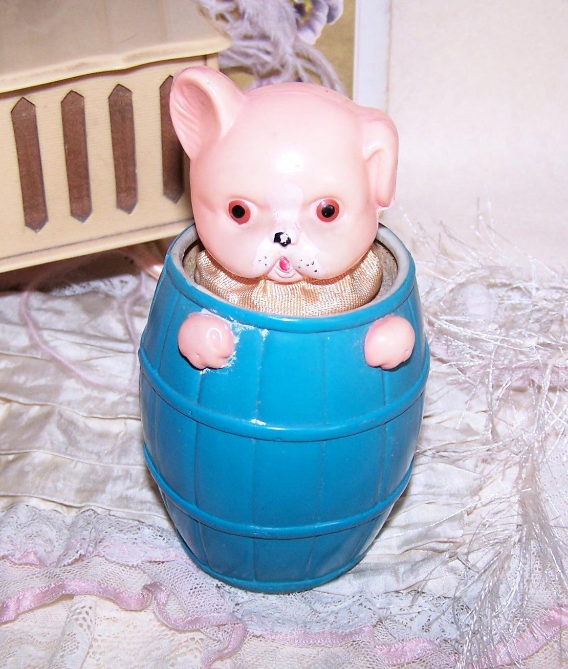Made in Japan Celluloid Toy - Puppy or Pig in a Barrel