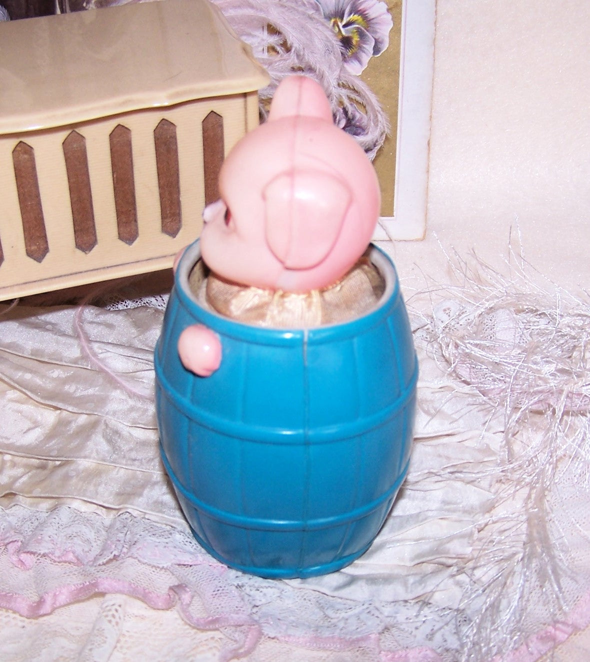 Made in Japan Celluloid Toy - Puppy or Pig in a Barrel