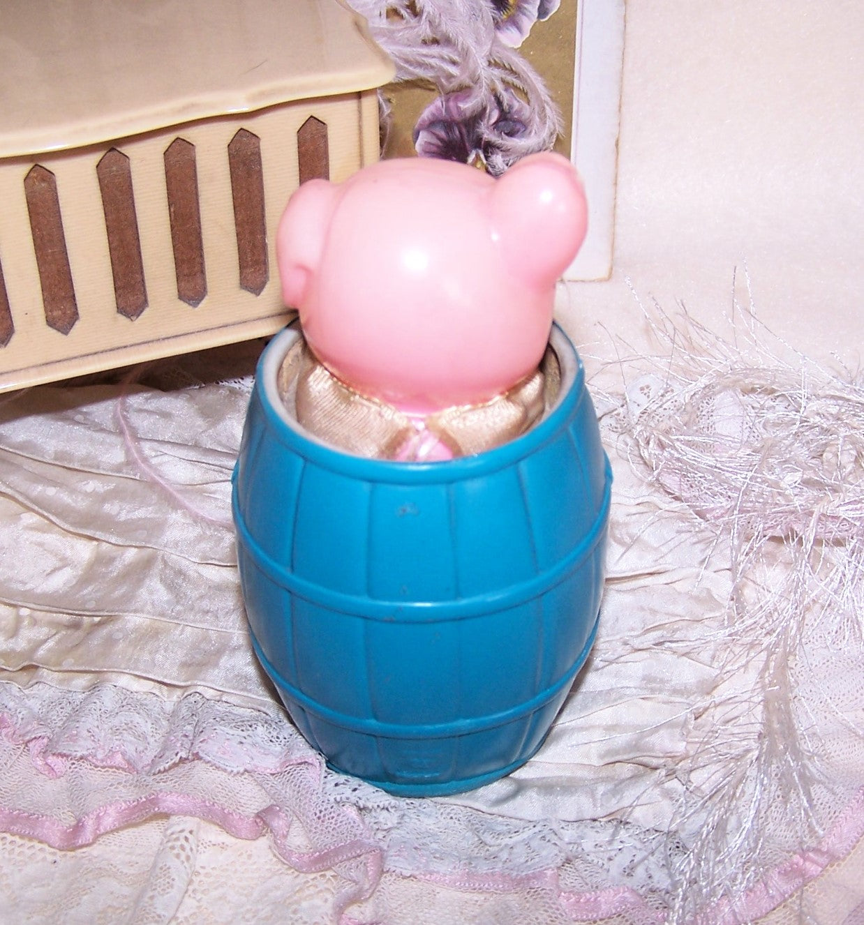 Made in Japan Celluloid Toy - Puppy or Pig in a Barrel