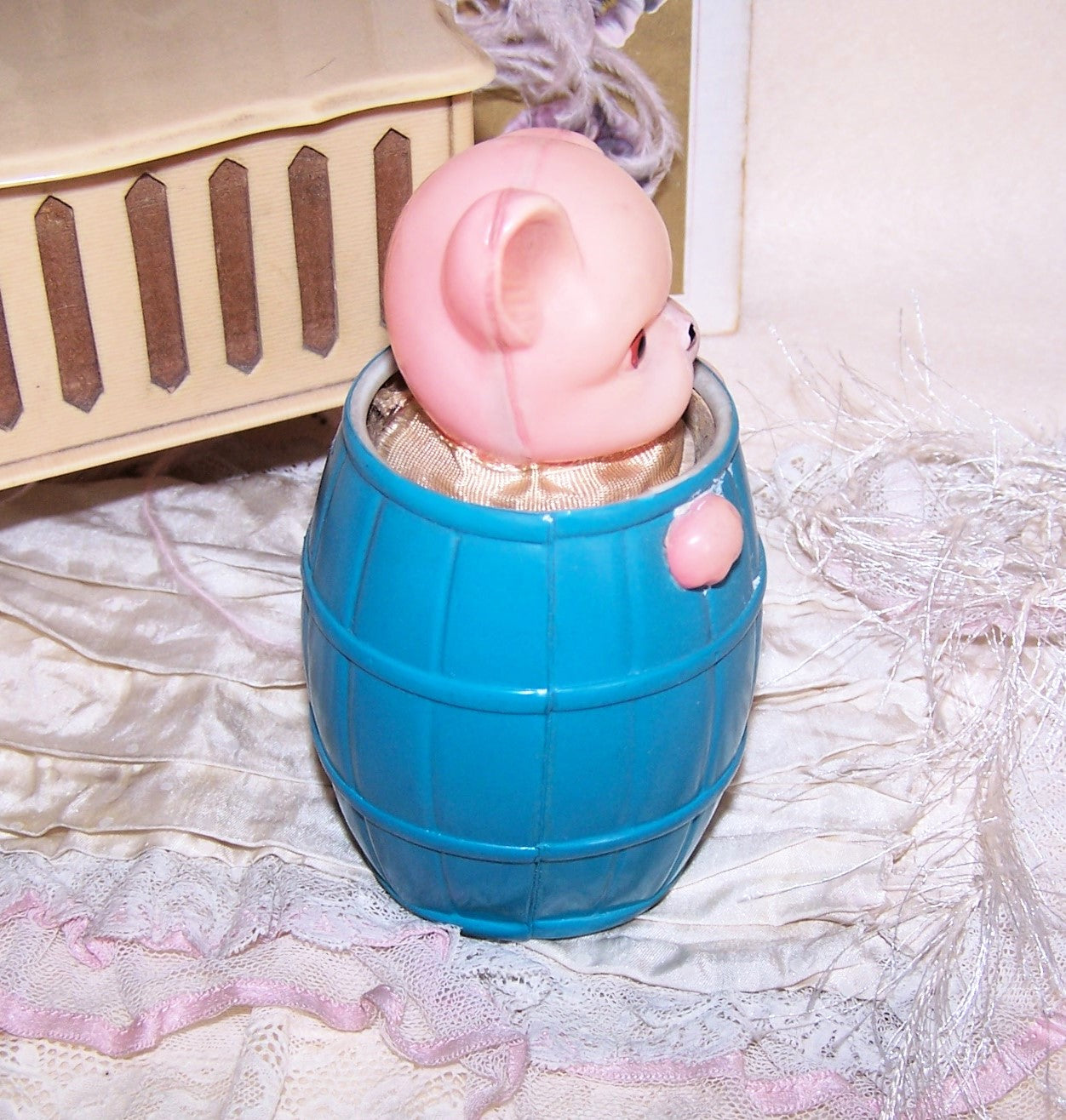 Made in Japan Celluloid Toy - Puppy or Pig in a Barrel
