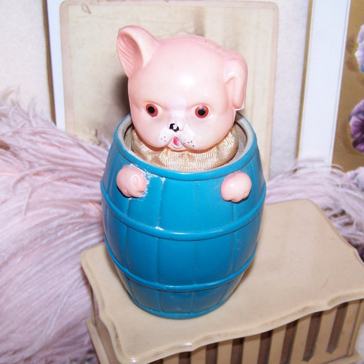 Made in Japan Celluloid Toy - Puppy or Pig in a Barrel