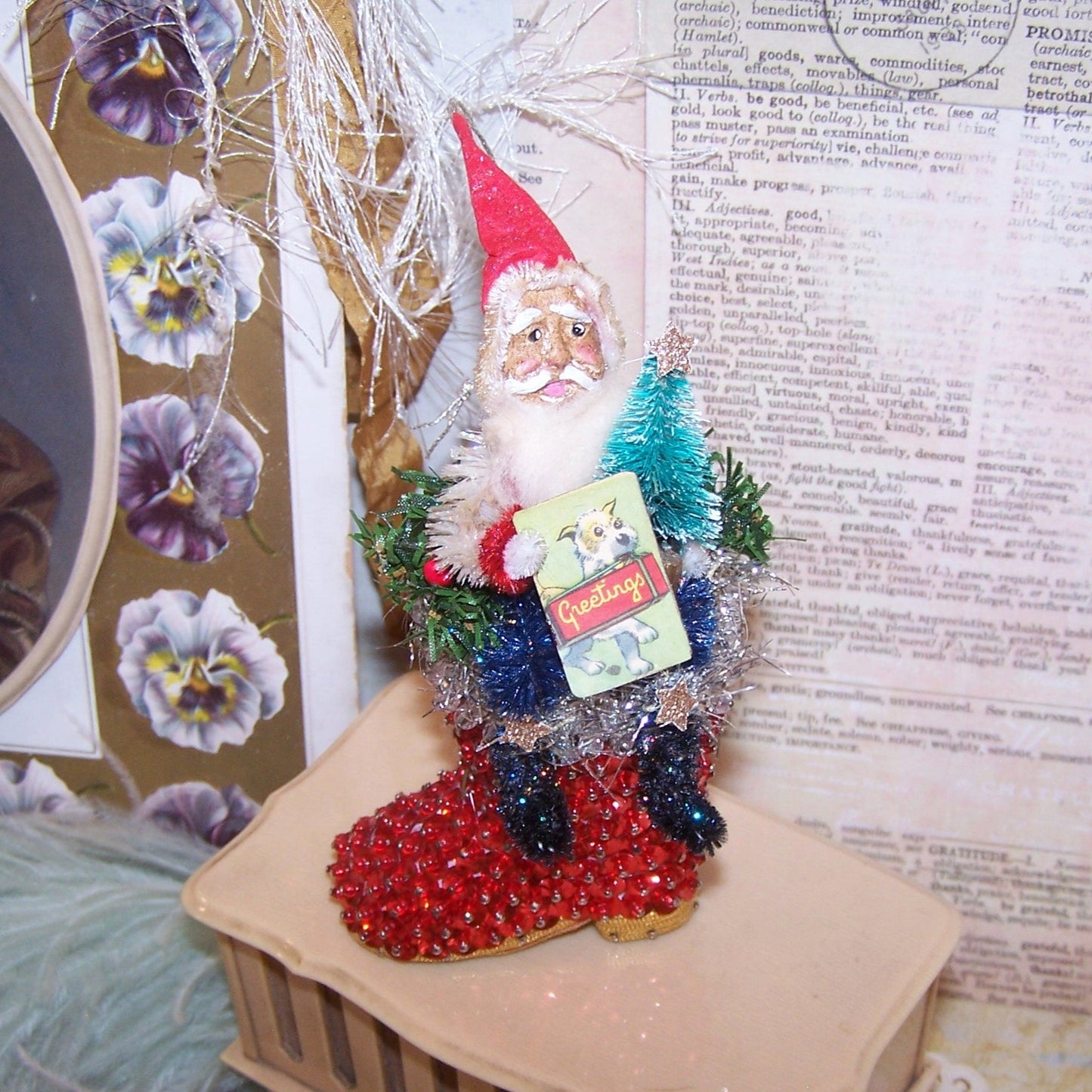 OOAK Mixed Media Christmas Ornament | RW&B Santa Claus - GREETINGS