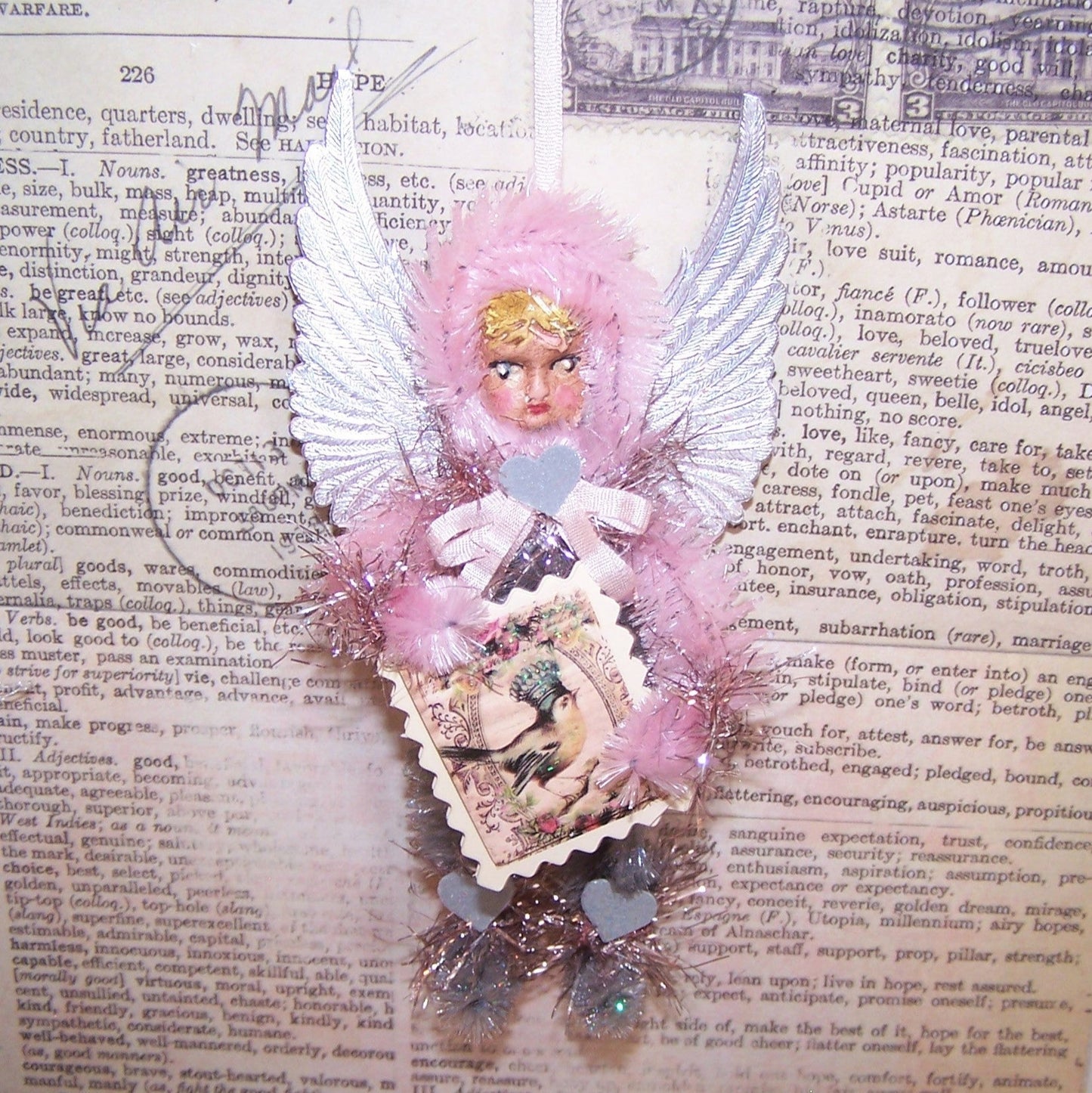 Chenille Christmas Ornament - Pink and Silver Angel Carrying Placard