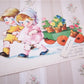 Unused GET WELL card featuring a boy & girl pulling a cart full of potted plants.  Pull the tops of the flowers and reveal a special sentiment - 4 in all!