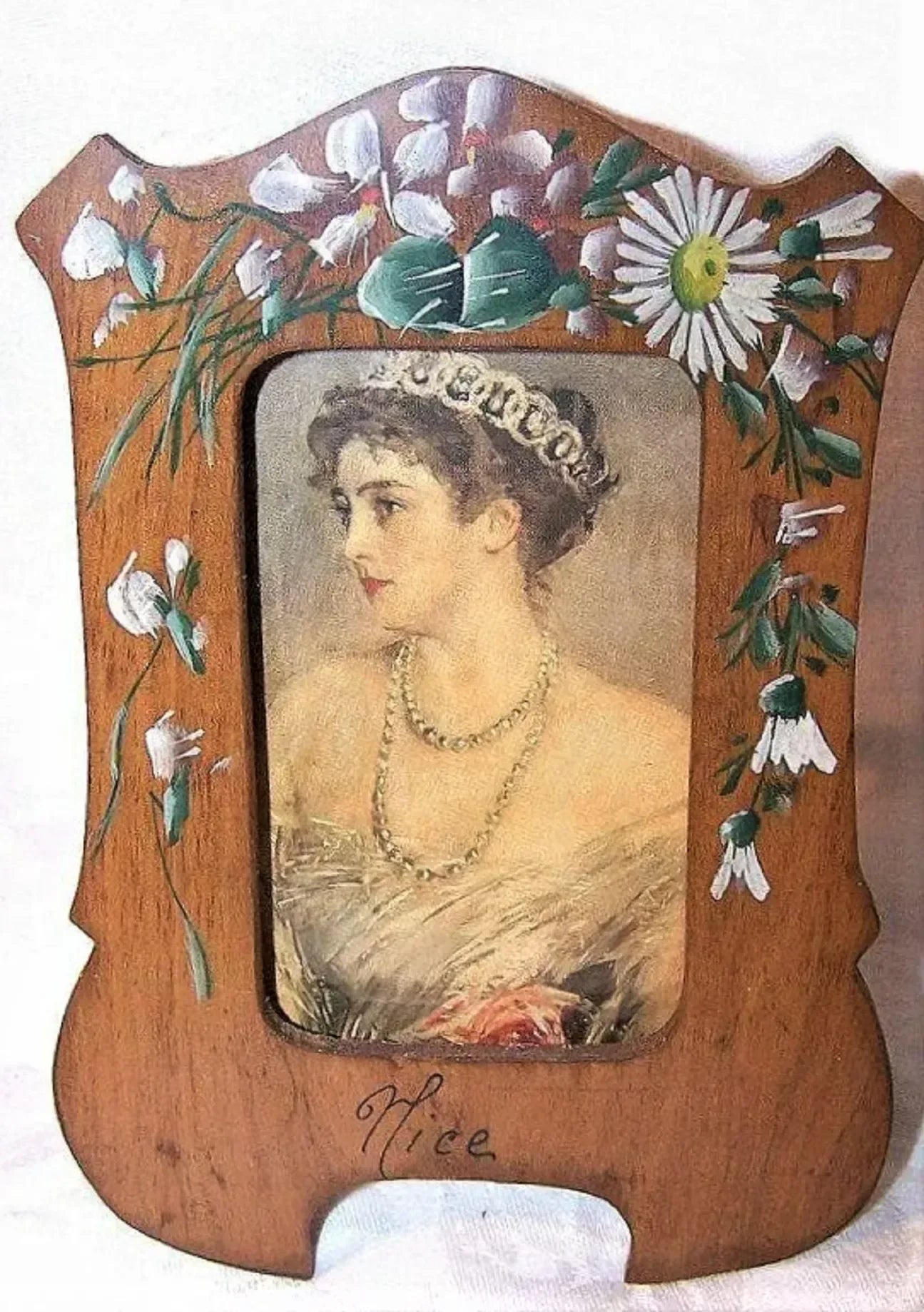 Antique Nice, France Olive Wood Picture Frame - Painted Violets and Daisies