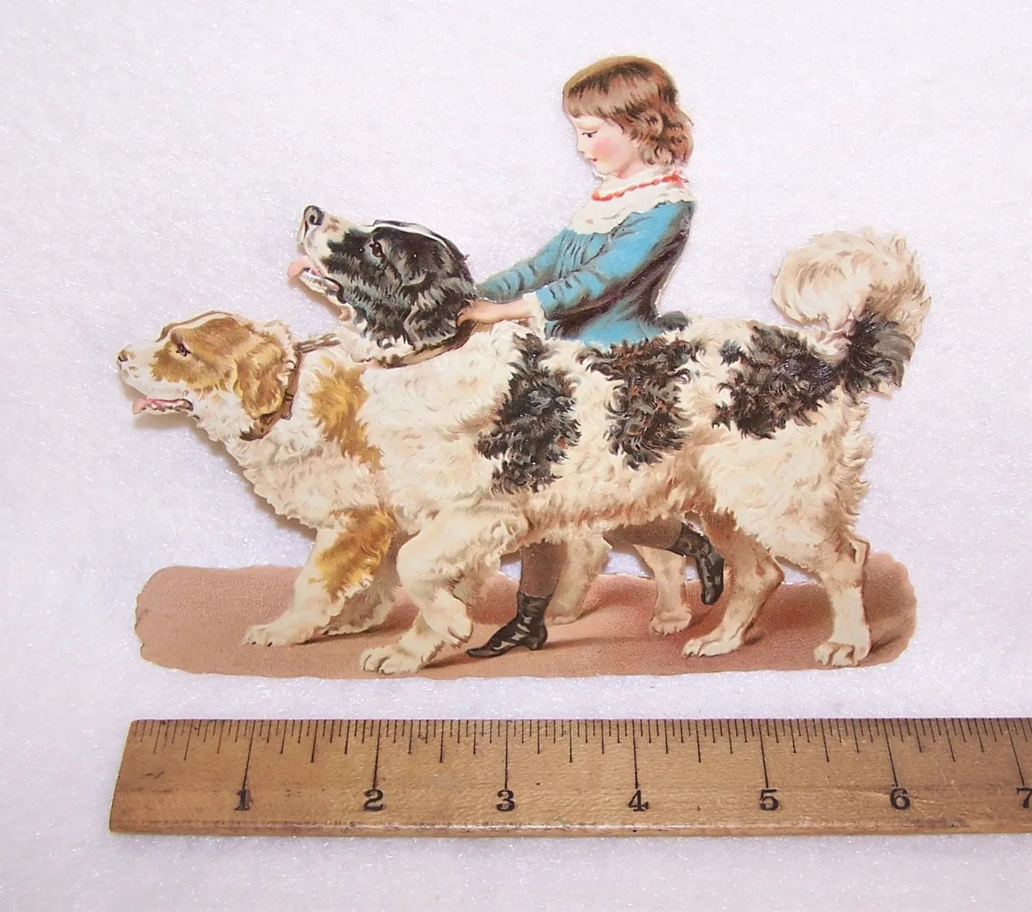 Antique Victorian Die Cut - Young Girl Holding 2 Dogs