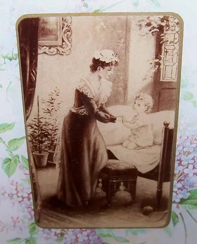 Antique Victorian Mother & Child Nursery Image under Glass Frame