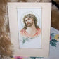 Art Deco German religious wall print under glass of Jesus Christ wearing a crown of thorns - pastel coloring to the front.  Size is 3-3/16" x 4-3/4".