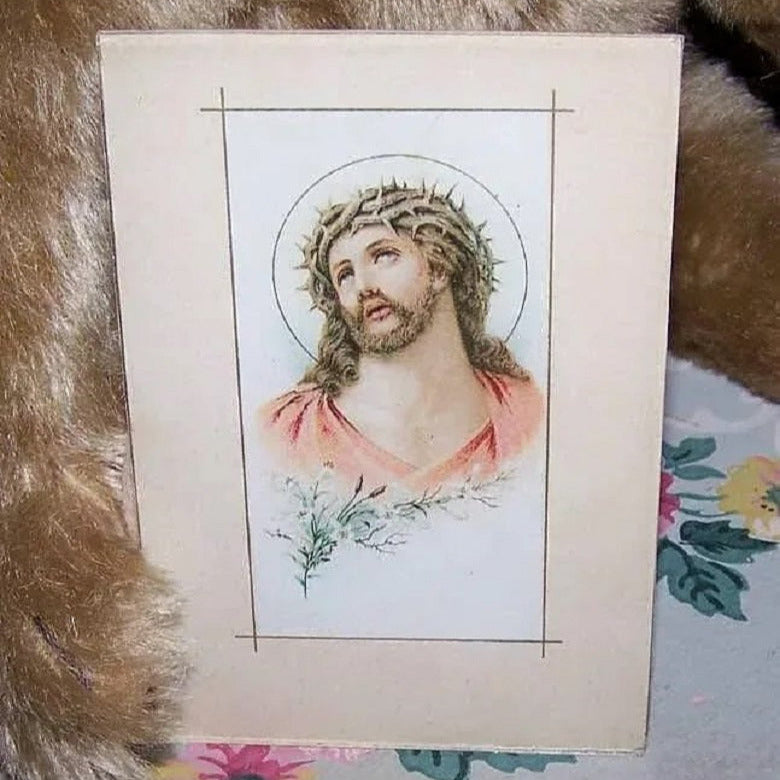 Art Deco German religious wall print under glass of Jesus Christ wearing a crown of thorns - pastel coloring to the front.  Size is 3-3/16" x 4-3/4".