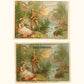 2 Antique Victorian trade cards for J&P Coats Threads.  A lady sits on a blanket with a sewing basket beside her while her gentleman friend fishes in a stream. 