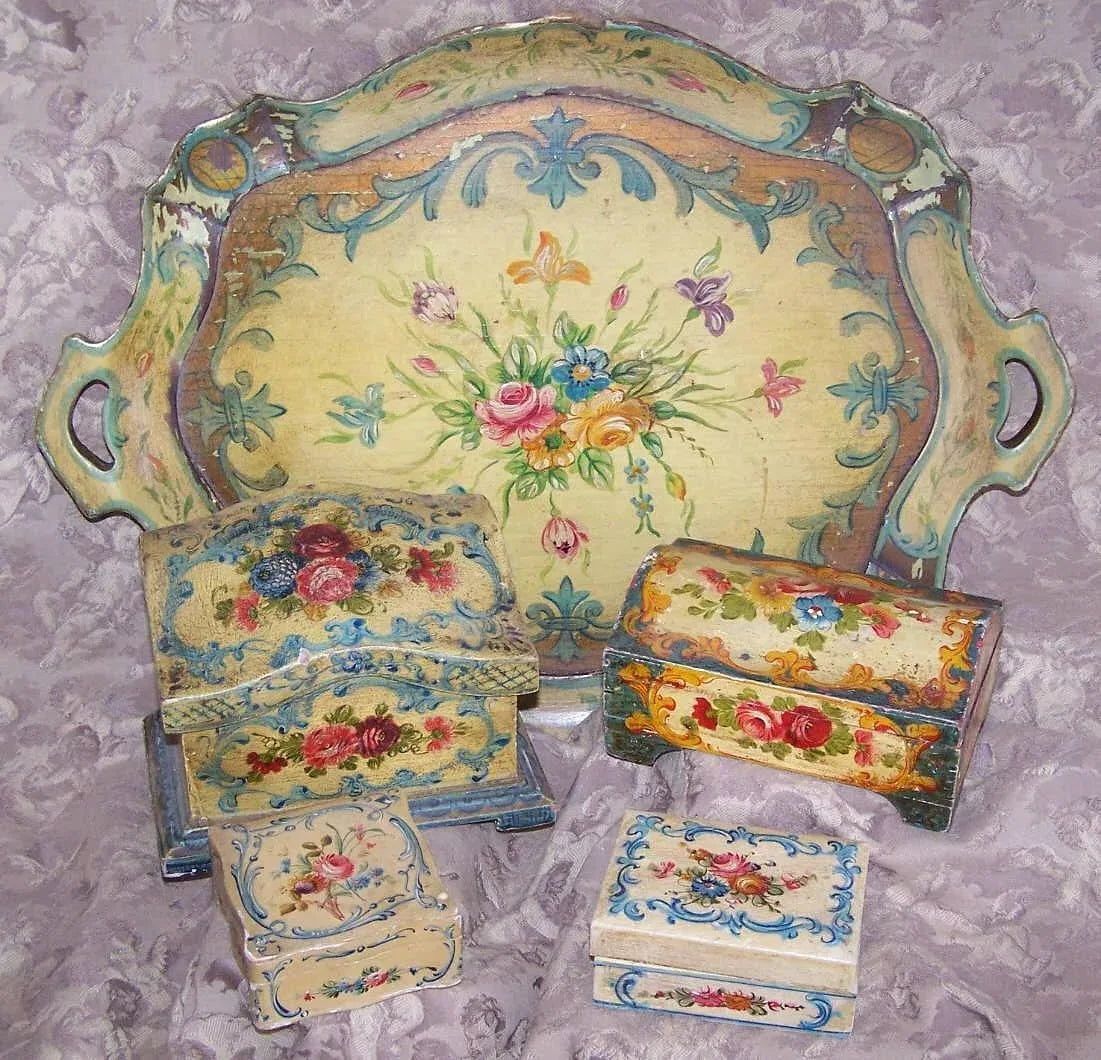 Italian Tole Handpainted Wood Box - Flower Floral Decoration