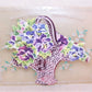 Colorful greeting card in 3 parts-Celluloid base with silk screened flowers, Pink aluminum foil basket and a Bouquet of pansies. So Glad You're Feeling Better. 