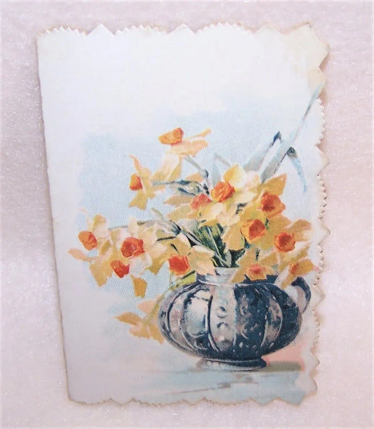 Antique Victorian unused greeting card for any occasion. Graphics by Catherine Klein - vase of daffodils and bouquet of daisies. High color.  2-3/4" x 4". 