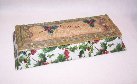 Art Nouveau Christmas paper and antique celluloid handpainted Gloves gift box.  Holly and berries design.  9-3/4" long.  Very clean.  Presents beautifully.