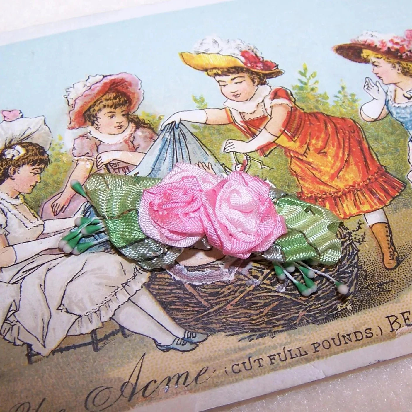 Antique French Ribbonwork Embellishment - Pink Silk Florals with Ombre Ribbon Leaves