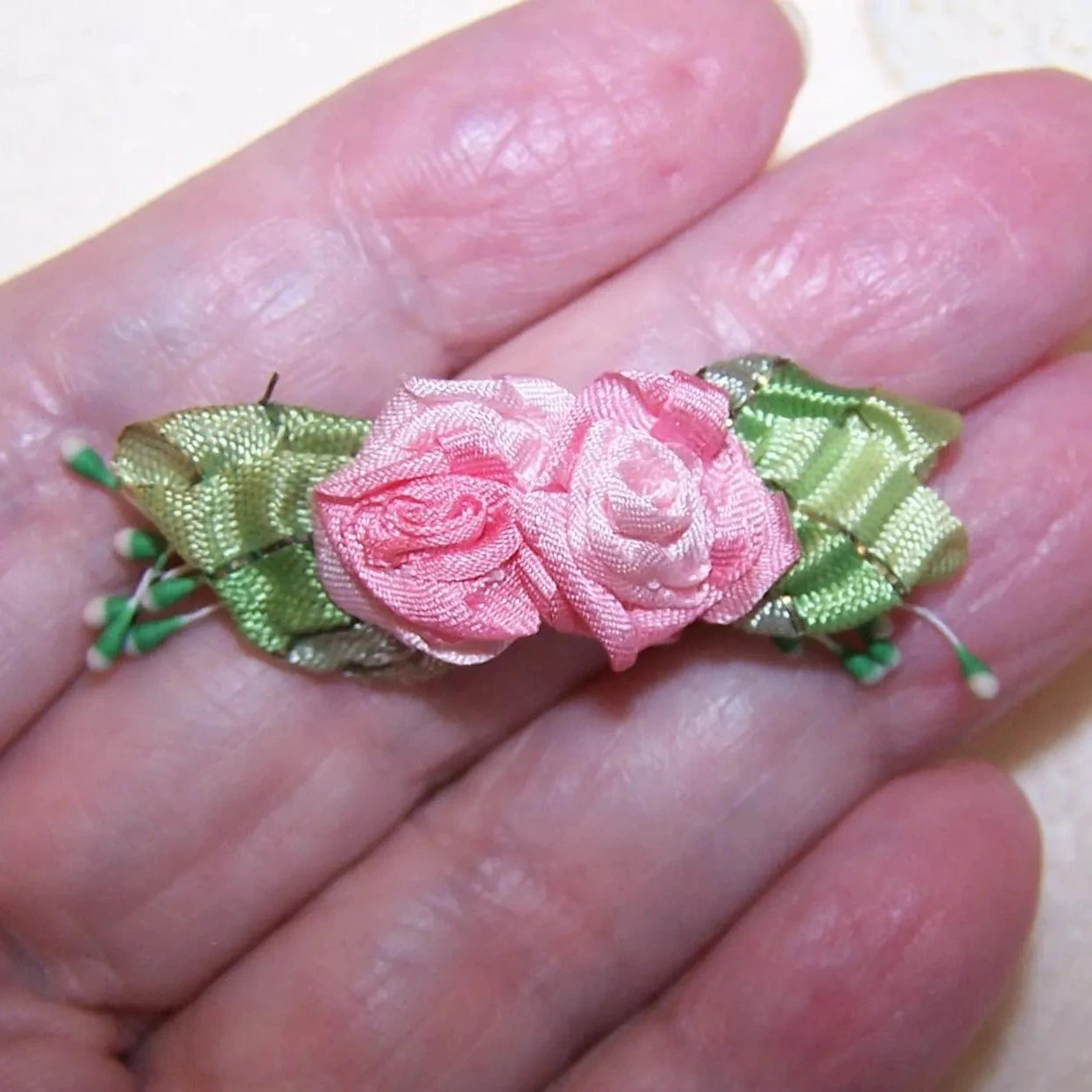 Antique French Ribbonwork Embellishment - Pink Silk Florals with Ombre Ribbon Leaves