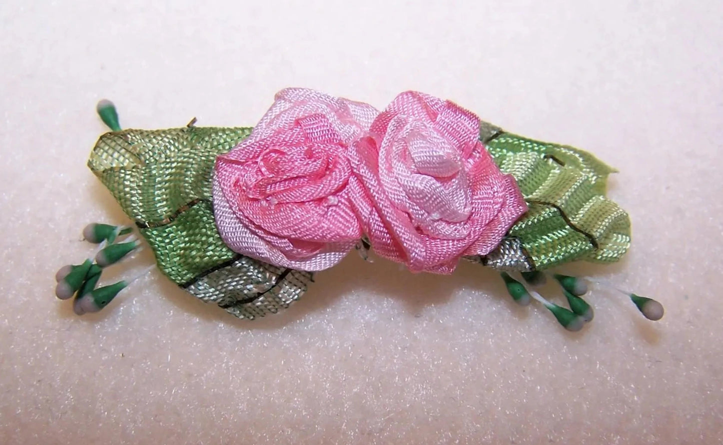 Antique French Ribbonwork Embellishment - Pink Silk Florals with Ombre Ribbon Leaves