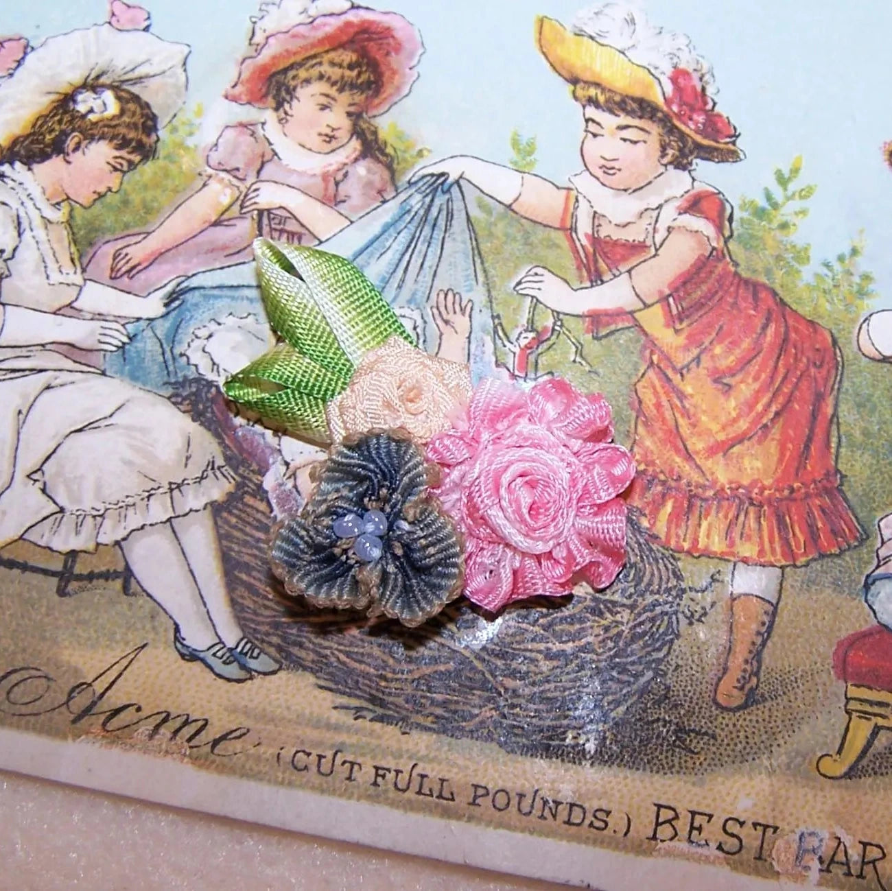 Antique French Ribbonwork Spray - Pink Blue Yellow Ombre Ribbon Florals