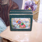 Antique Italian mini jewelry box. Dk green hinged lid has Victorian die cut of a gent ice skating, pushing a young lady in a small chair. Shabby Chic look