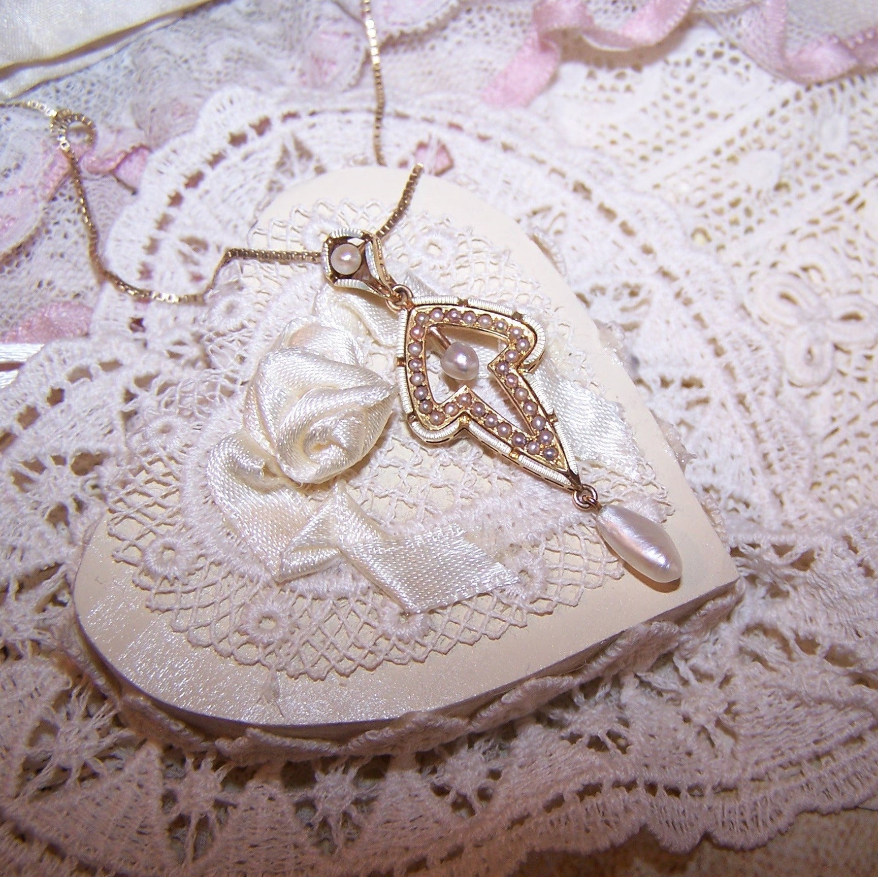 Antique Edwardian 14K Gold, enamel and natural pearl pendant / lavaliere crafted by Krementz. Button stud hallmark. 1-11/16" long - width is 9/16".  2.7 grams.