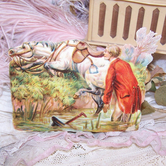 Pristine Antique Victorian die cut depicting a horse that has thrown his rider. High color, no glue or paper residue to the back. 4-1/2" x 3" approx. 