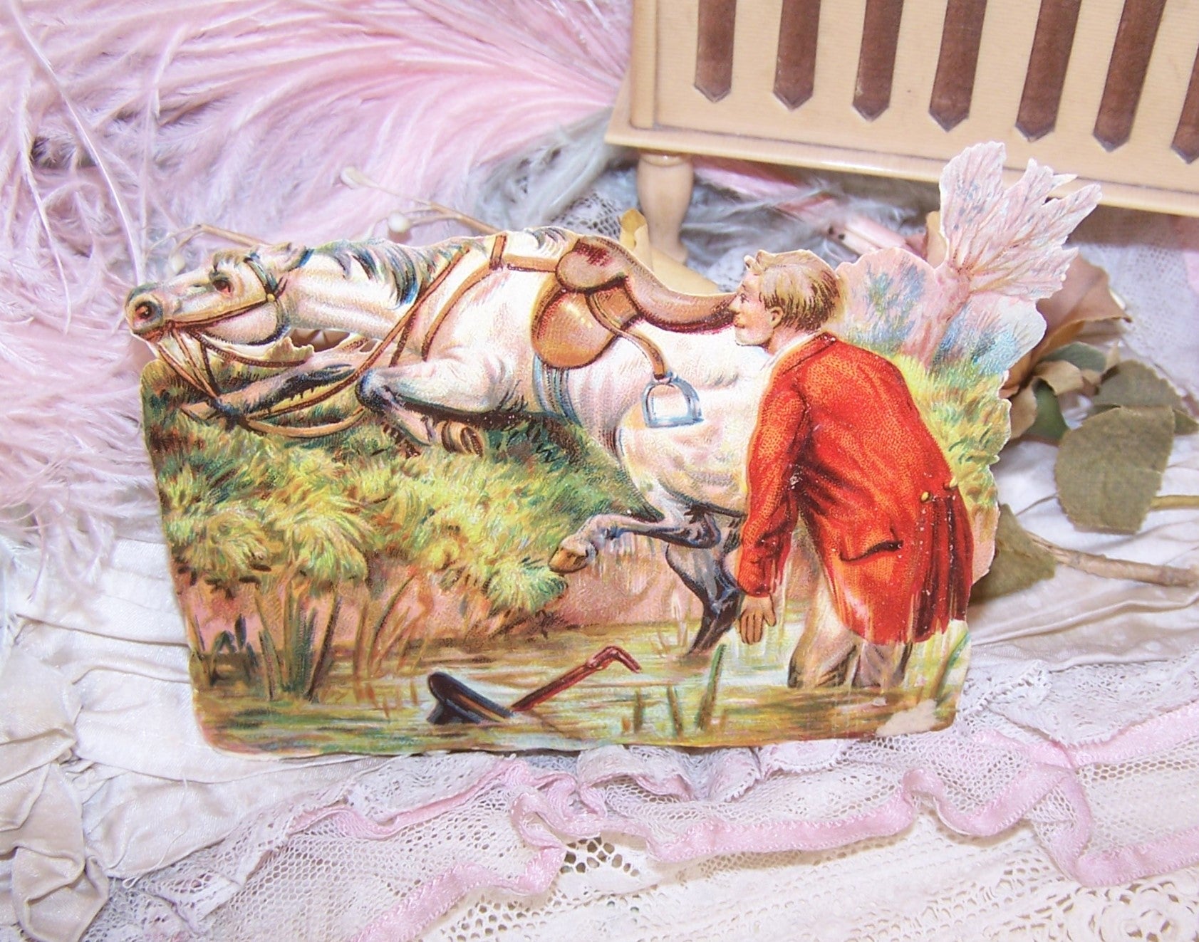 Pristine Antique Victorian die cut depicting a horse that has thrown his rider. High color, no glue or paper residue to the back. 4-1/2" x 3" approx. 