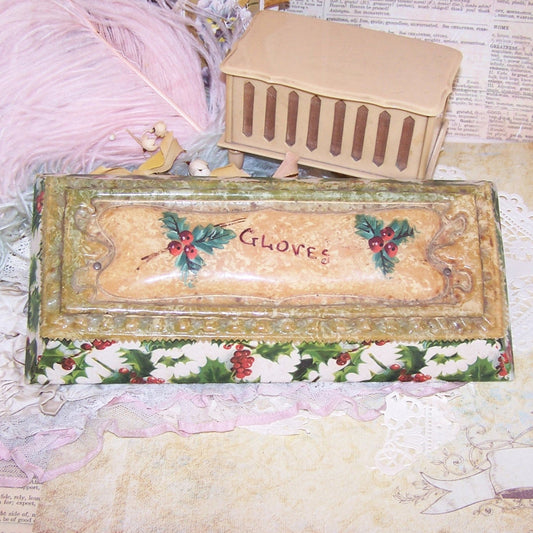 Art Nouveau Christmas paper and antique celluloid handpainted Gloves gift box.  Holly and berries design.  9-3/4" long.  Very clean.  Presents beautifully.