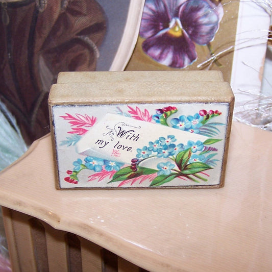 Small Antique Victorian trinket - jewelry - display box. In a grey/green color, the lid reads WITH MY LOVE. Size is 1-1/8" x 1-15/16"; depth is 3/4". 
