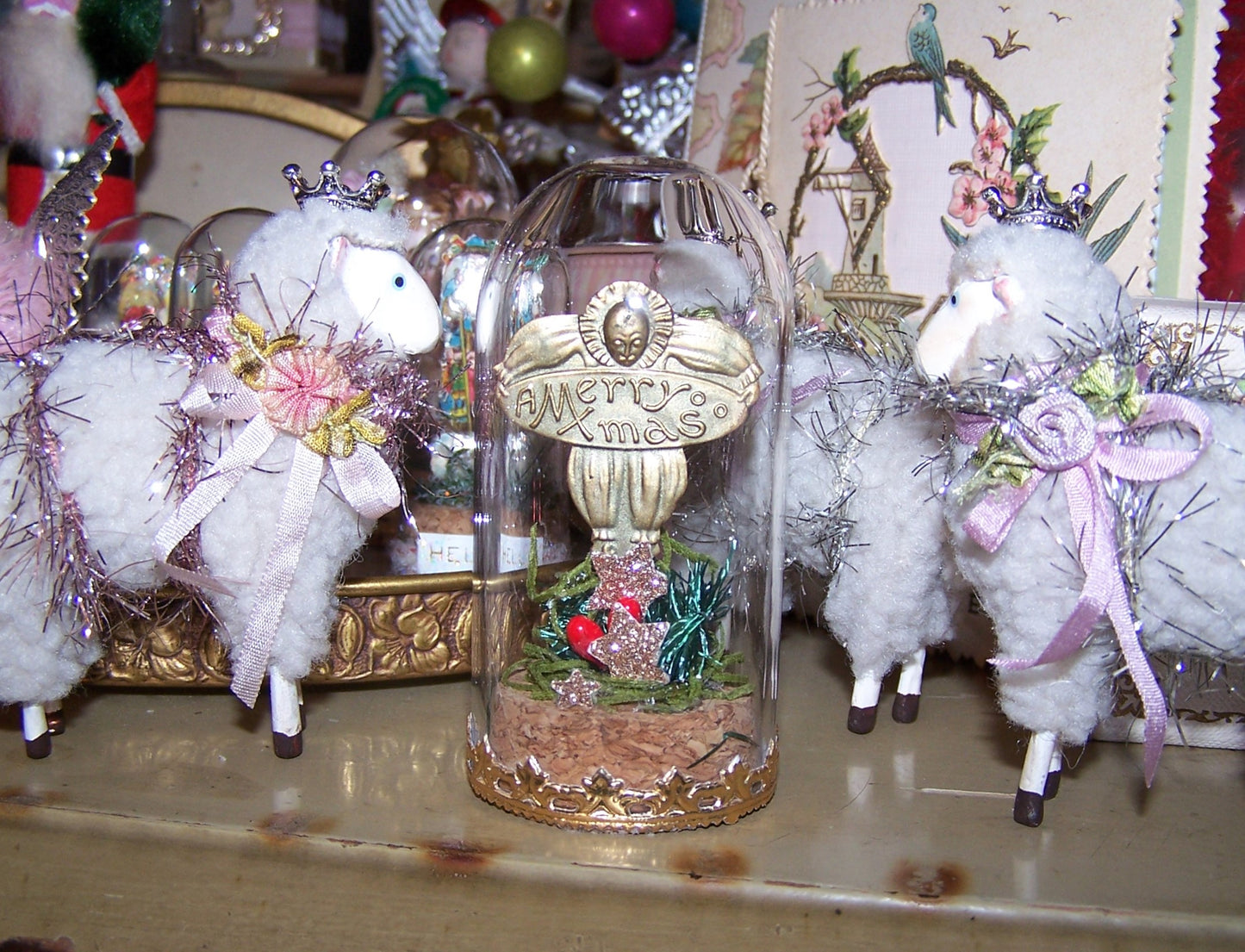 Art Deco Christmas Sticker - Pierrot Clown Design with MERRY XMAS sign - all under a glass dome! Perfect mantel decoration. 3-1/4" x 1-1/2"