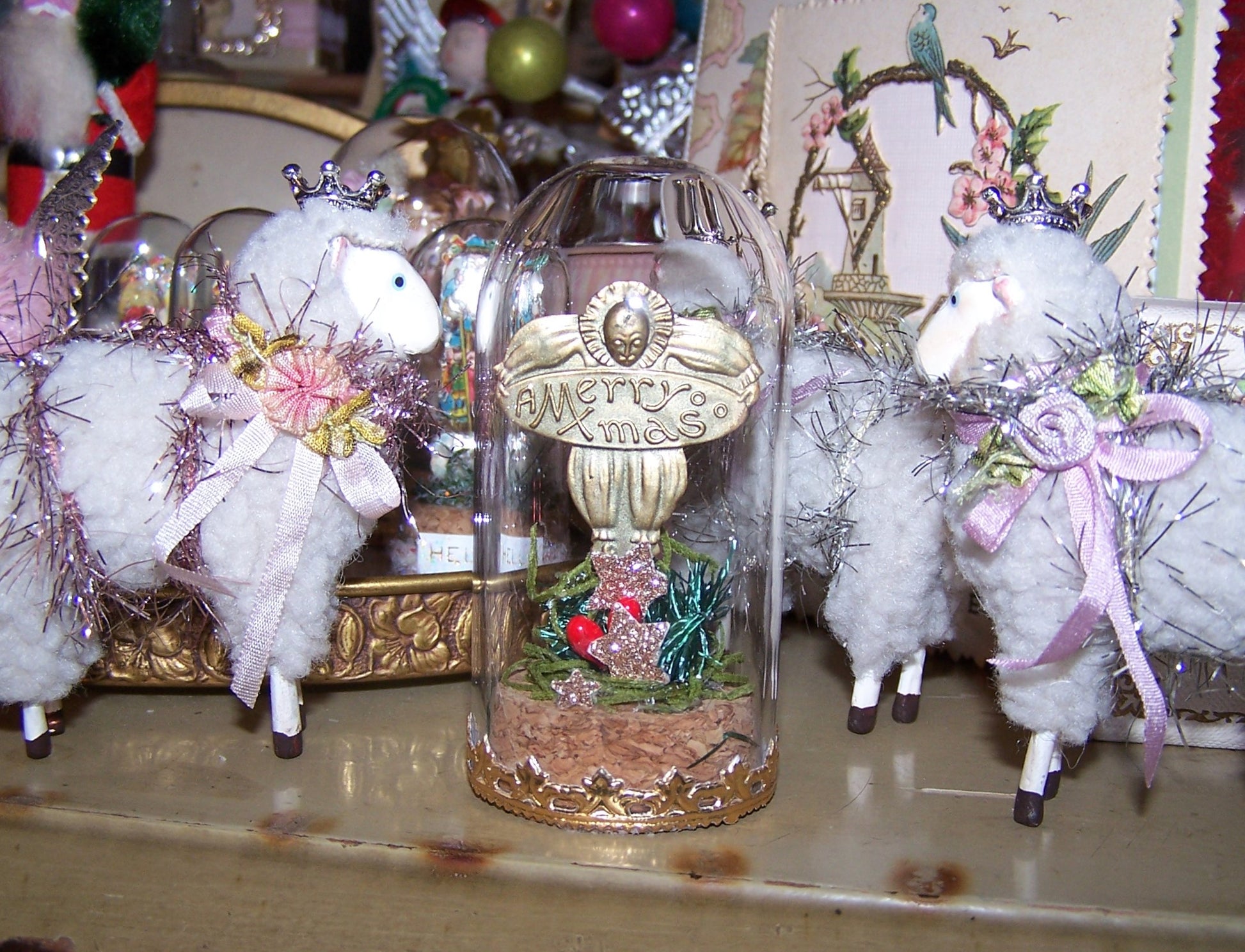 Art Deco Christmas Sticker - Pierrot Clown Design with MERRY XMAS sign - all under a glass dome! Perfect mantel decoration. 3-1/4" x 1-1/2"
