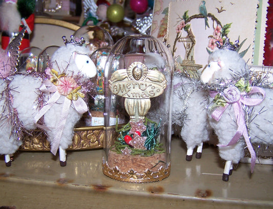 Art Deco Christmas Sticker - Pierrot Clown Design with MERRY XMAS sign - all under a glass dome! Perfect mantel decoration. 3-1/4" x 1-1/2"