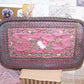 French Art Deco Boudoir Glass Tray. Rose mauve fabric overlaid with French gold braid, rococo ribbon and handmade ribbonwork flowers. Shabby Chic look.