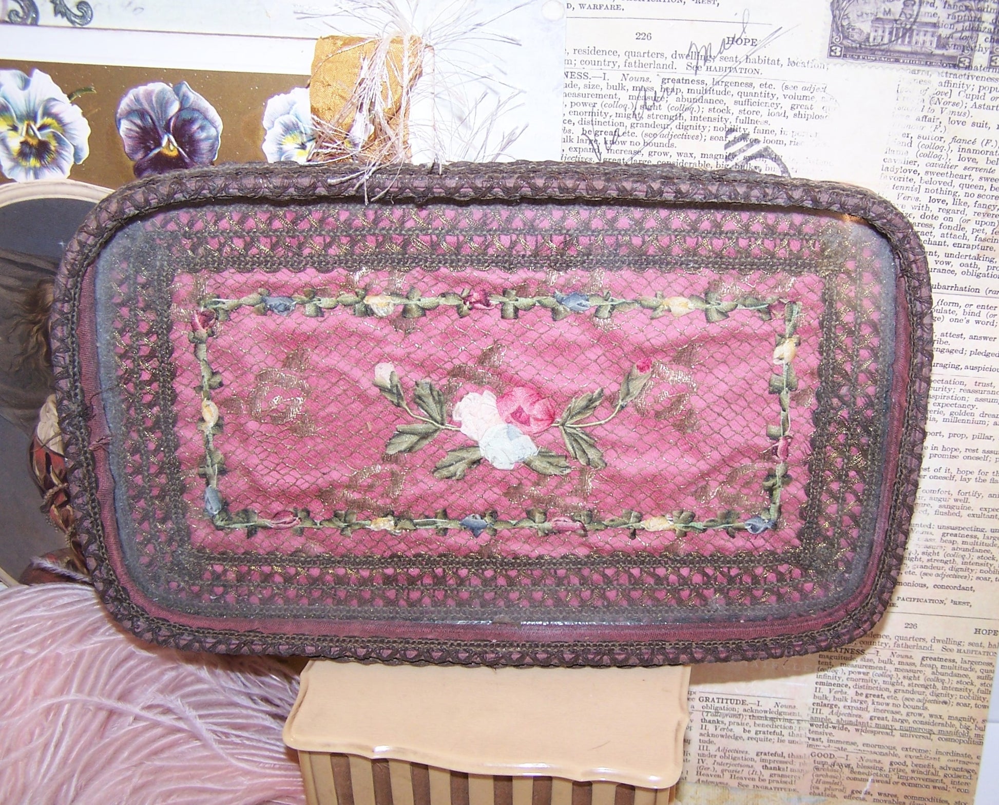 French Art Deco Boudoir Glass Tray. Rose mauve fabric overlaid with French gold braid, rococo ribbon and handmade ribbonwork flowers. Shabby Chic look.