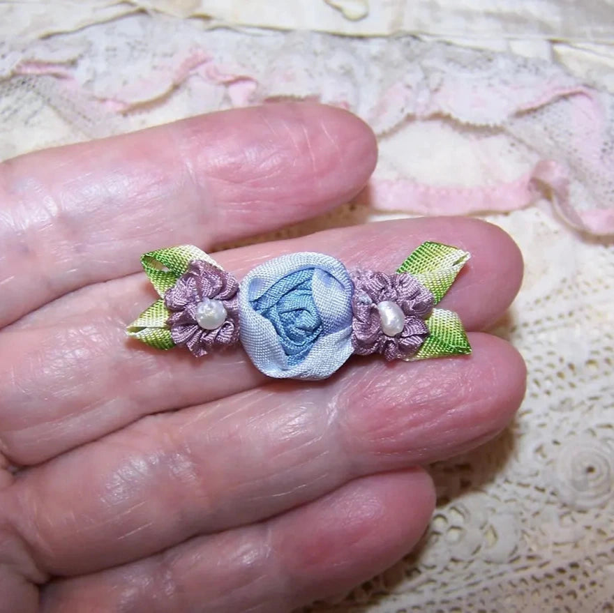 French Revival Ribbonwork Flower Spray - Blue and Mauve Silk with Pearls