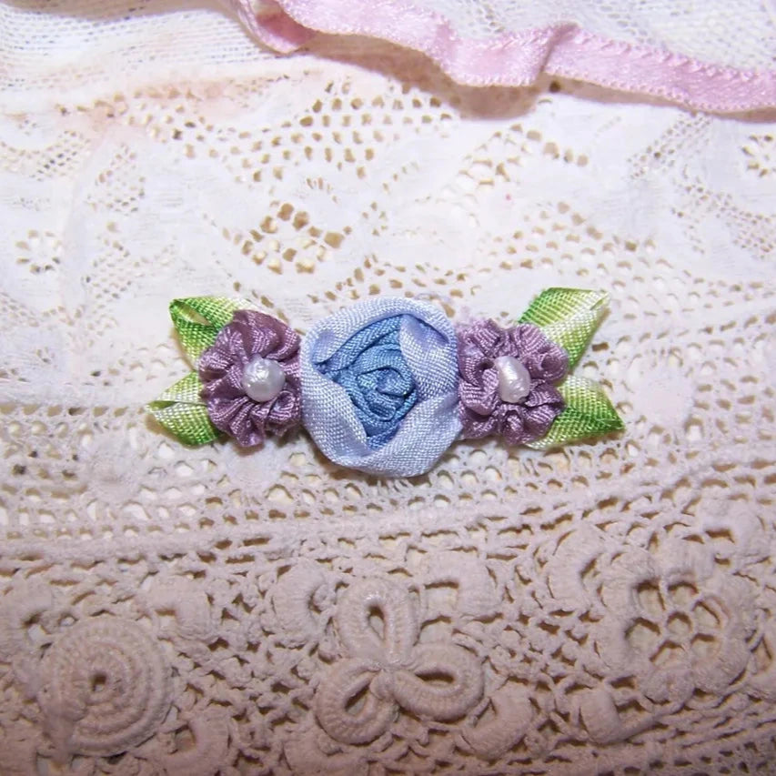French Revival Ribbonwork Flower Spray - Blue and Mauve Silk with Pearls