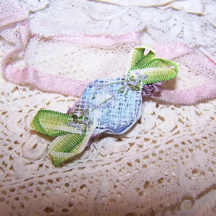 French Revival Ribbonwork Flower Spray - Blue and Mauve Silk with Pearls