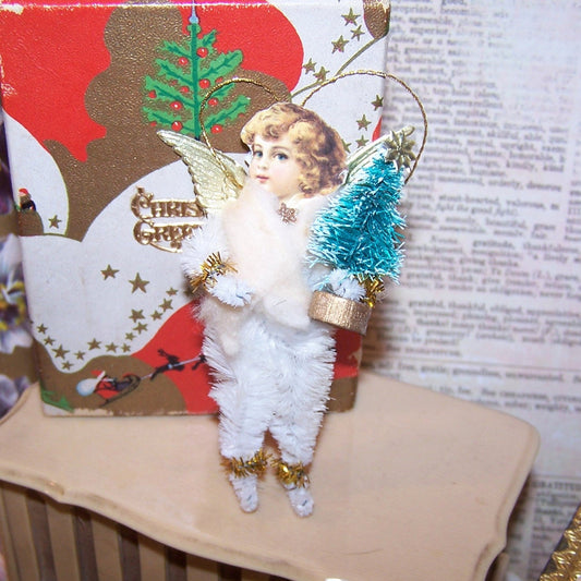 Handcrafted chenille Christmas Ornament. Victorian Revival white/gold angel decoration for tree.  Lightweight for feather tree.  One of a Kind Original design.
