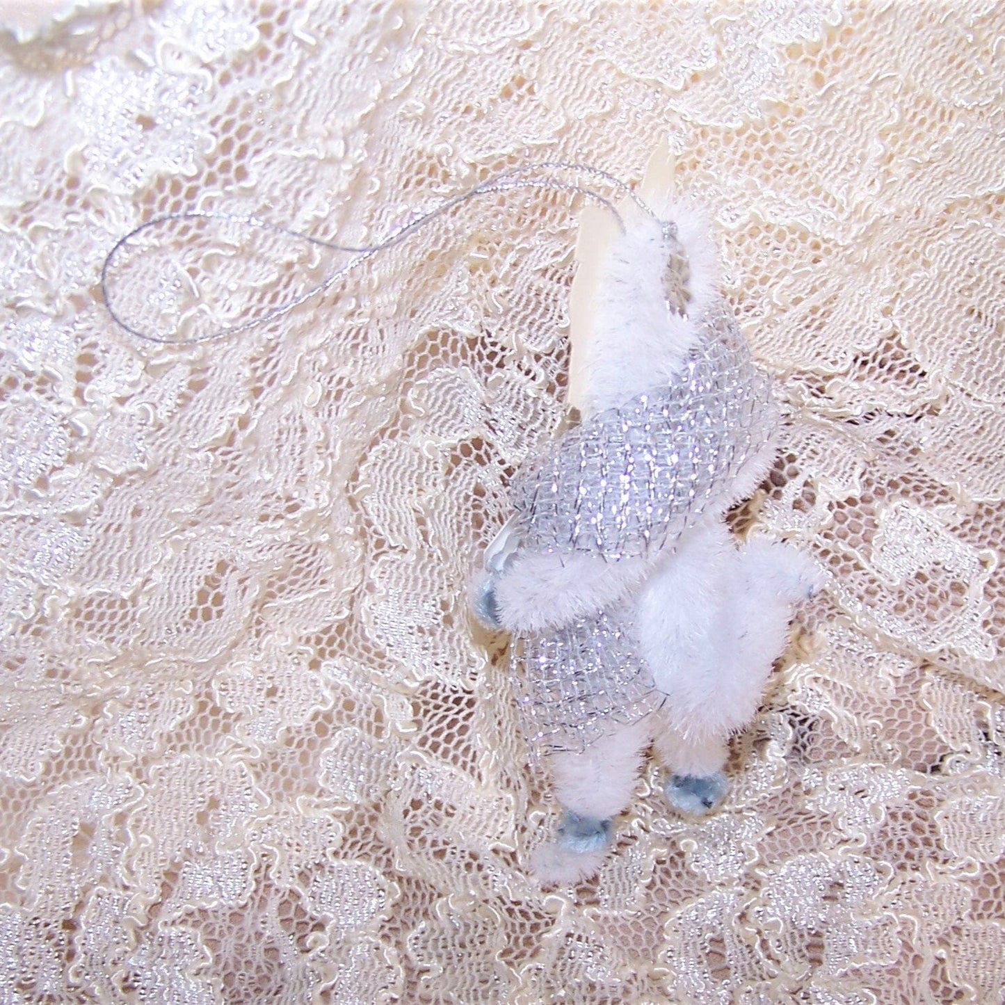 Victorian Revival Chenille Ornament - Tabby Cat Carrying JOY Sign