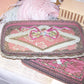 French Art Deco Boudoir Glass Tray. Rose mauve fabric overlaid with French gold braid, rococo ribbon and handmade ribbonwork flowers. Shabby Chic look.