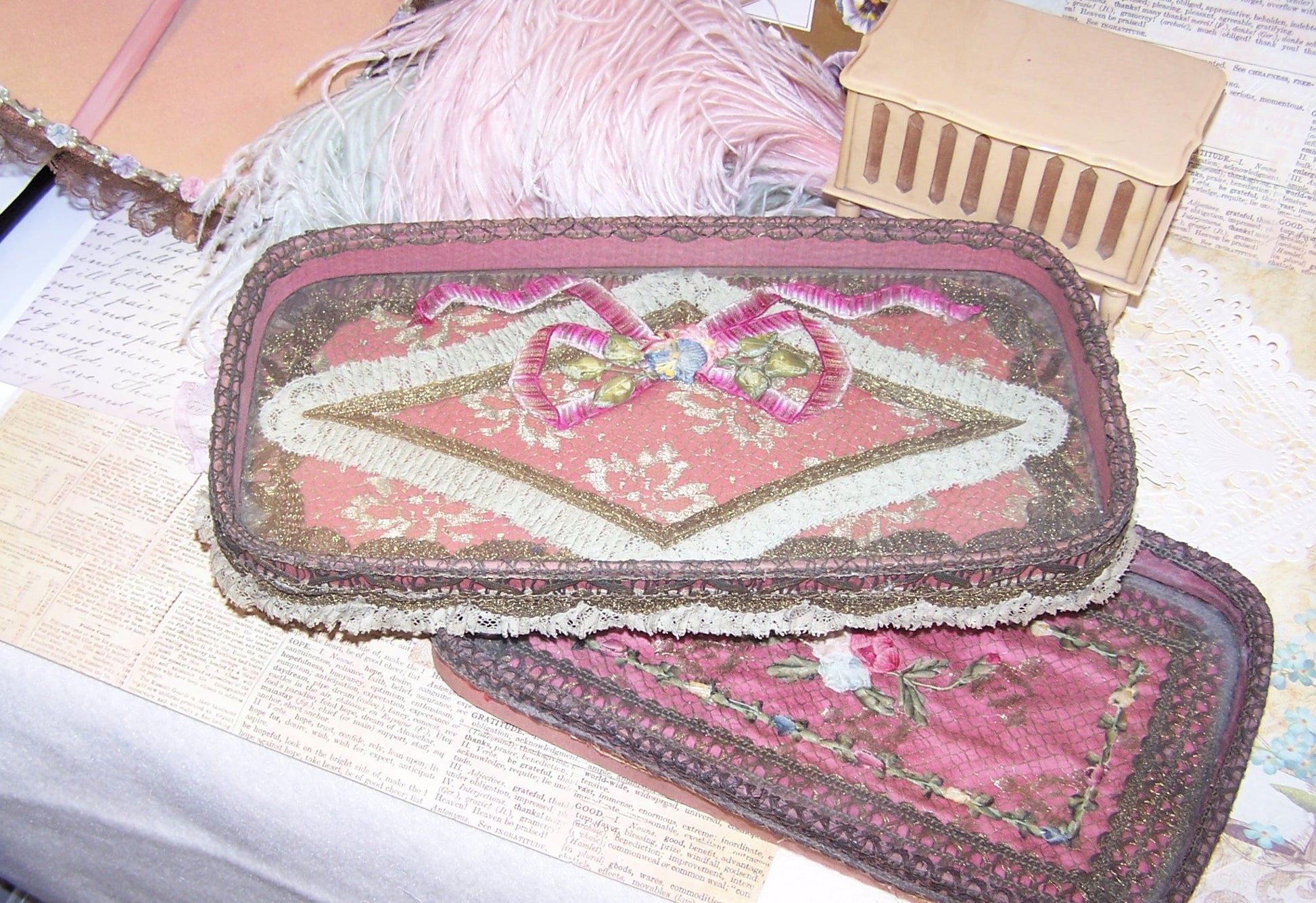French Art Deco Boudoir Glass Tray. Rose mauve fabric overlaid with French gold braid, rococo ribbon and handmade ribbonwork flowers. Shabby Chic look.