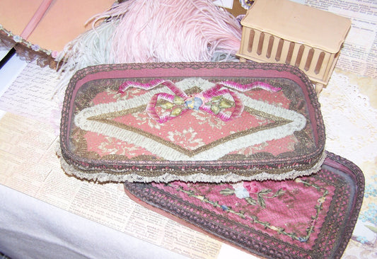 French Art Deco Boudoir Glass Tray. Rose mauve fabric overlaid with French gold braid, rococo ribbon and handmade ribbonwork flowers. Shabby Chic look.