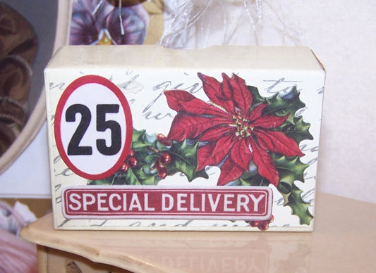 Upcycled Merry Christmas Special Delivery December 25th themed French pharmacy box. 3" x 1-3/4" x 1-1/8" deep approx. ONE OF A KIND!
