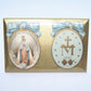 Vintage celluloid front religious icon for a child's Birth or Christening. The design is very soft in pastel tones with blue bows. 4-1/2" x 3". Metal easel.