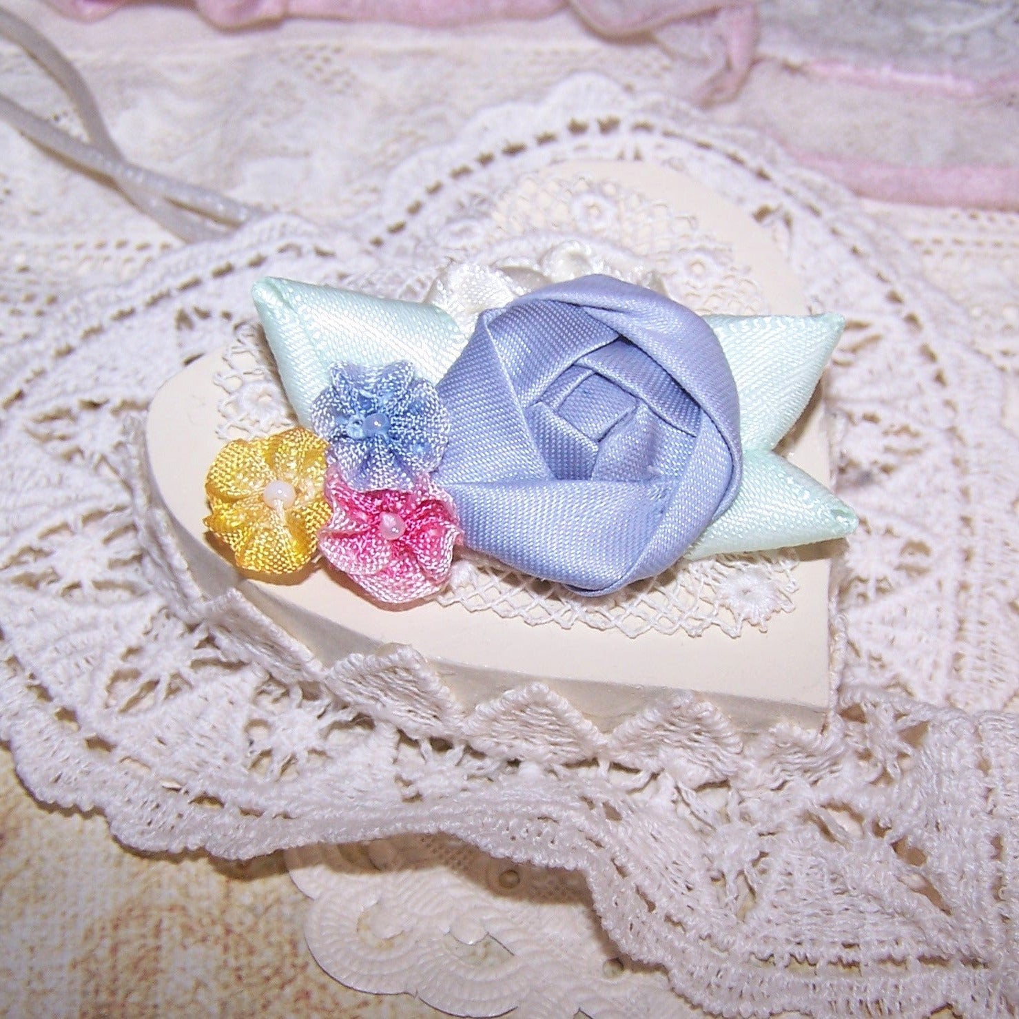 French Revival Ribbonwork Spray - Blue Cabbage Rose with Pink Yellow Blue Accents