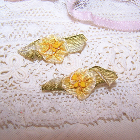 Pair French ribbon florals from an old dress. Yellow silk ombre flower with pips.  Olive green ombre ribbon leaves. 1-3/16" x 1/2" approx. Totally handsewn.