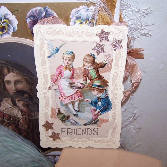 FRIENDS! One of a Kind ornament or gift! With an Antique Victorian die cut to the front of children feeding the birds, height is 6"; width is 4".  Blank back.