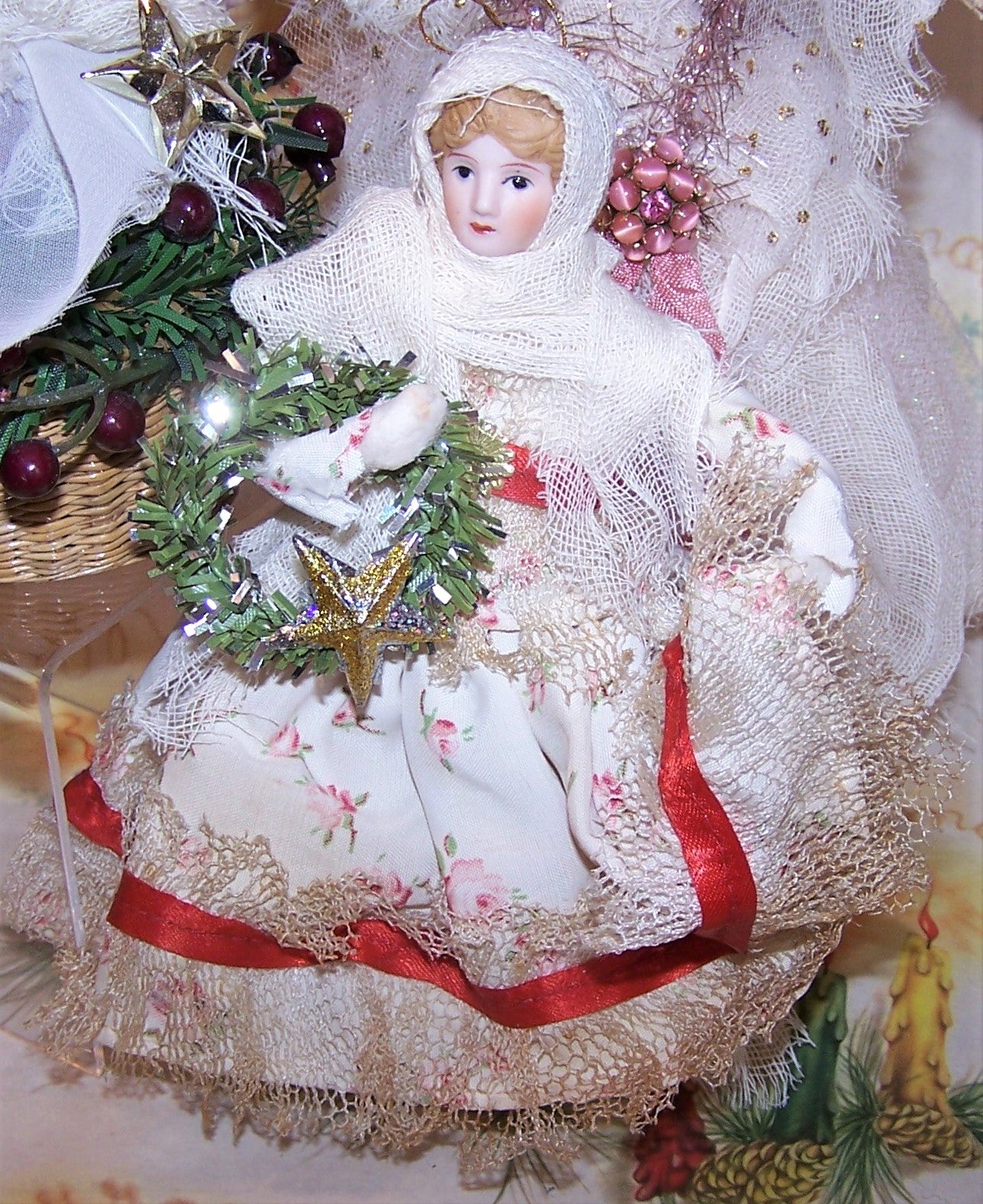 Victorian Revival Mixed Media Holiday Ornament | Lady Carrying Christmas Wreath